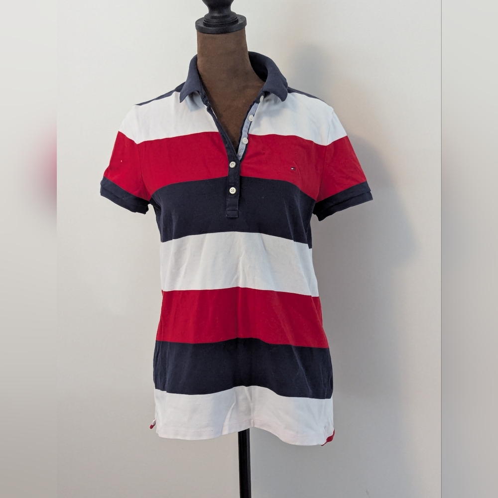 Tommy Hilfiger Women's Striped Preppy Red White and Blue Polo Shirt, Size M - Picture 2 of 7